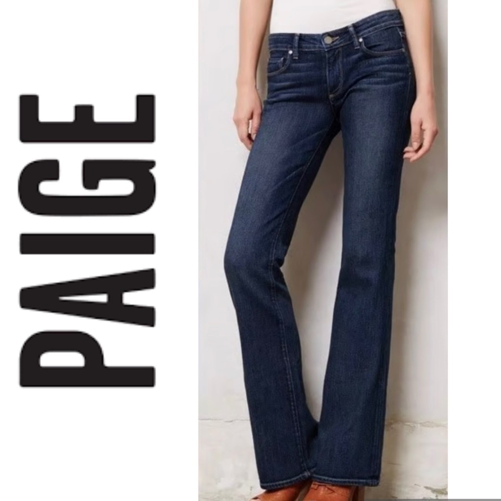 PAIGE Anthropologie Deep Dark Indigo Skyline Low Rise Bootcut Western Wide Jeans - Picture 2 of 15